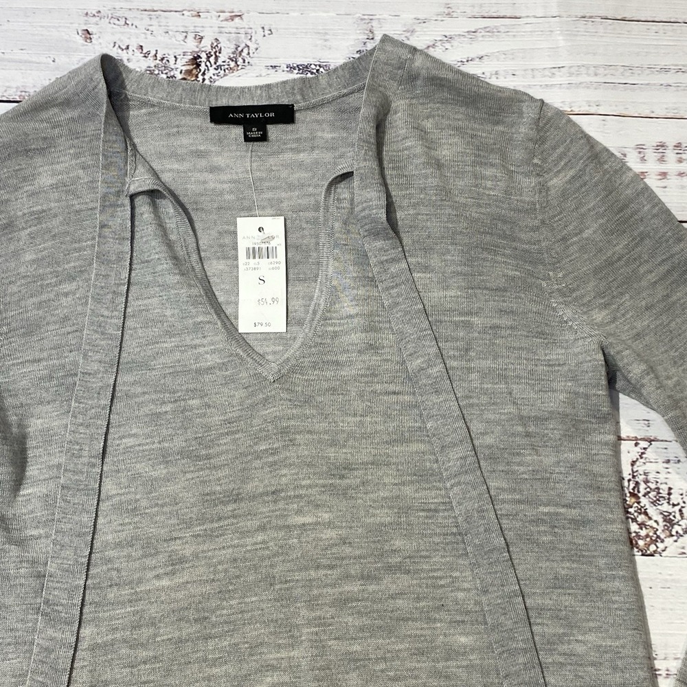 NWT Express Sweater Tie Neck Lightweight Merino Wool Stretchy‎ Tunic Gray Small